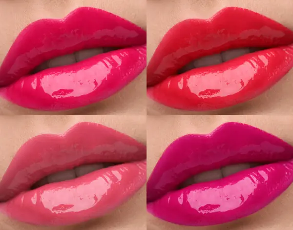 Lip Gloss Different Colors Set Photos Woman Closeup — Stock Photo, Image