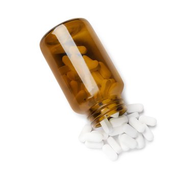 Vitamin kapsüllü şişe beyaz, üst görünümde izole