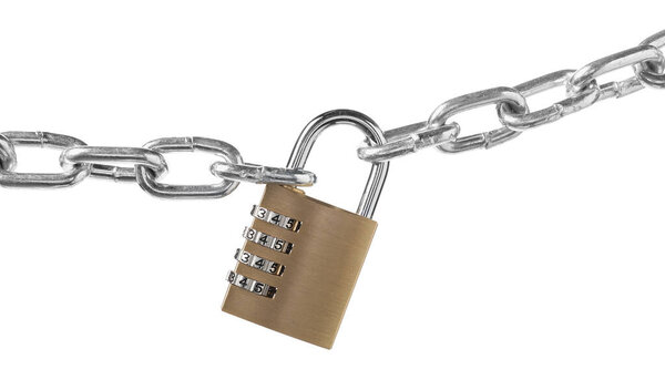 Steel combination padlock and chain isolated on white