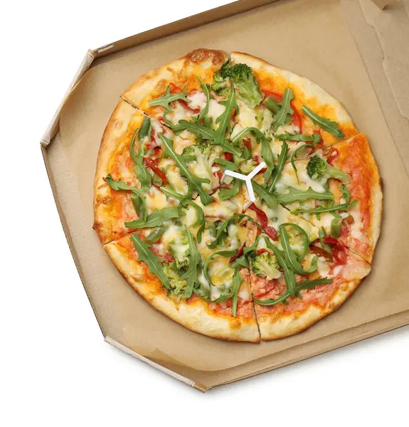 Delicious vegetarian pizza in cardboard box isolated on white, top view