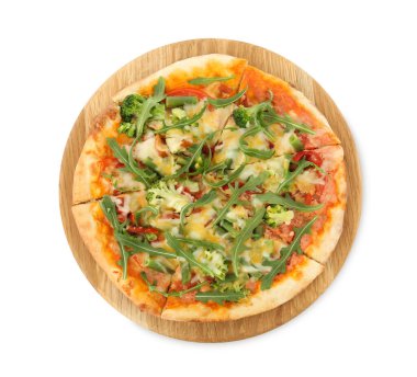 Lezzetli vejetaryen pizzalı pano beyaz, üst manzara