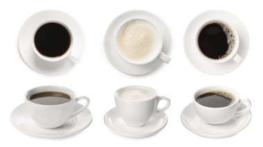 Beyaz, üstten ve yandan izole edilmiş, aromatik kahve fincanları.