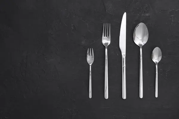 Beautiful Cutlery Set Black Table Flat Lay Space Text Stock Picture