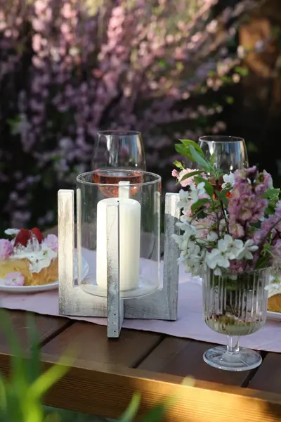 Vase Spring Flowers Candle Table Served Romantic Date Garden Stock Photo