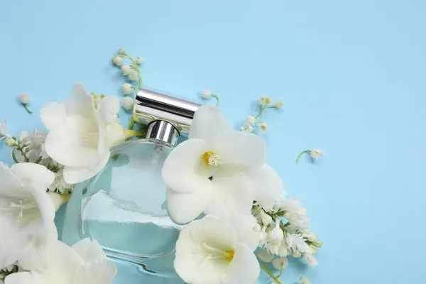 Luxury Perfume Floral Decor Light Blue Background View Space Text Stock Fotó
