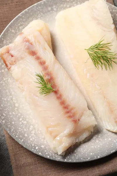 Pieces Raw Cod Fish Dill Table Top View Stock Photo