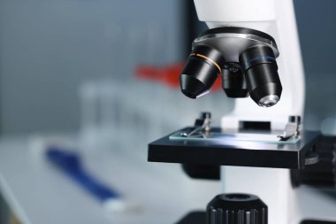 Bulanık arka planda cam kaydıraklı mikroskop, yakın plan. Metin için boşluk