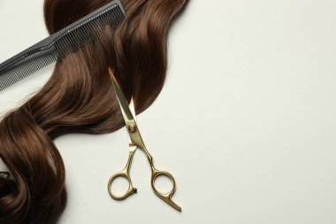 Profesyonel kuaför makası ve açık gri arka planda kahverengi saç teli olan düz bir tarak. Metin için boşluk