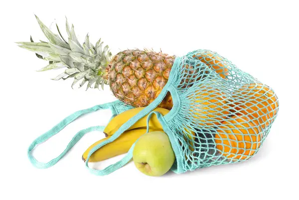 Frutas Frescas Saco Cordas Isolado Branco — Fotografia de Stock