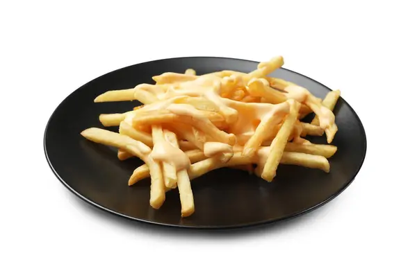 Deliciosas Batatas Fritas Com Molho Queijo Isolado Branco — Fotografia de Stock