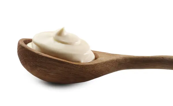 Naturlig Yoghurt Trä Sked Isolerad Vitt — Stockfoto