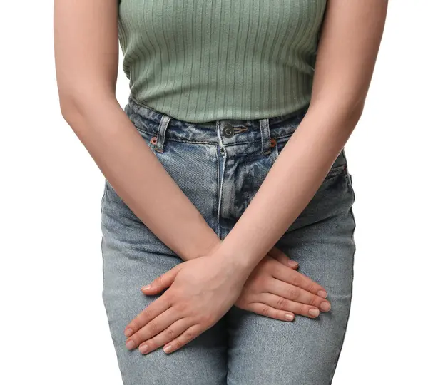 Woman Suffering Cystitis White Background Closeup — Stock Photo, Image