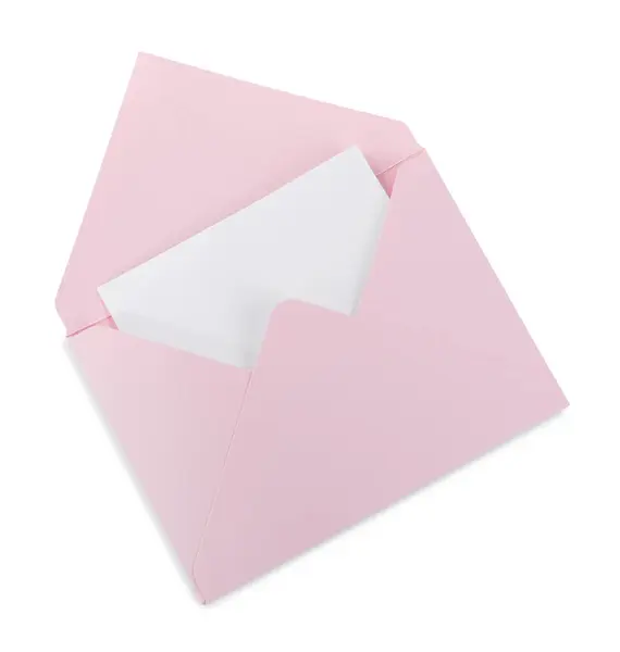 Envelope Carta Rosa Com Cartão Isolado Branco Vista Superior — Fotografia de Stock