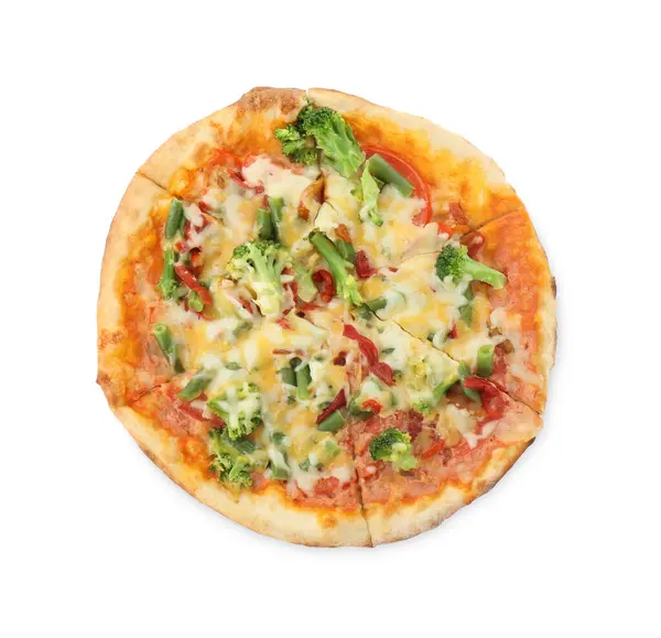 Läcker Vegetarisk Pizza Isolerad Vit Ovanifrån — Stockfoto
