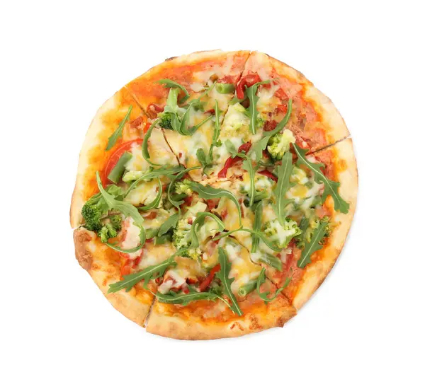 Delicious Vegetarian Pizza Isolated White Top View — Stock Photo, Image