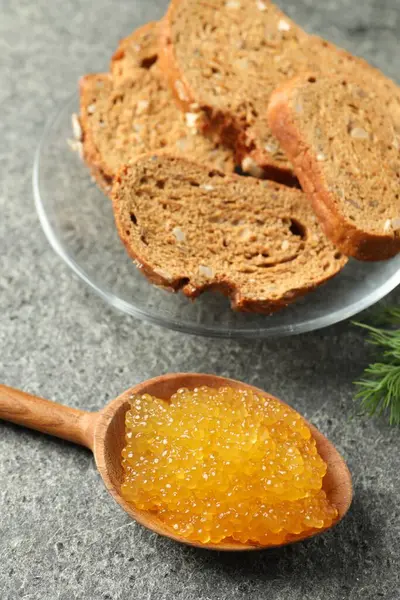 Fresh Pike Caviar Spoon Bread Grey Table — Stock Photo, Image
