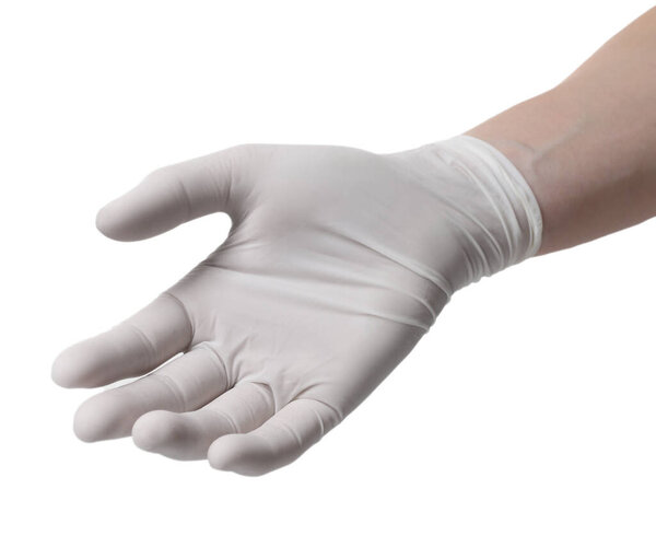 Woman wearing medical glove on white background, closeup