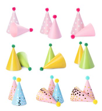 Renkli parti şapkaları beyaz sette izole.