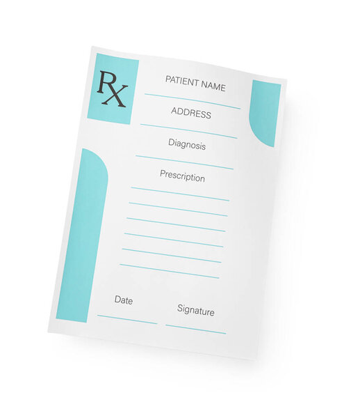 Медицинская форма рецепта изолирована на белом, вид сверху