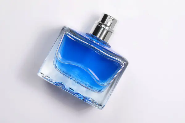 Niebieskie Męskie Perfumy Butelce Białym Tle Widok Góry Obrazek Stockowy