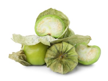 Fresh green tomatillos with husk isolated on white clipart