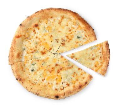 Lezzetli kesilmiş peynirli pizza, beyaz, üst manzara