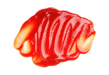 Lezzetli ketçap beyaza izole edilmiş, üst manzara. Domates sosu.