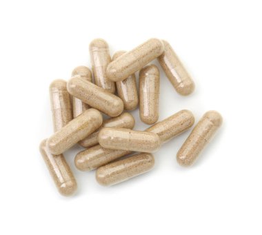 Vitamin kapsülleri beyaz, üst görünümde izole edilmiş. Sağlık takviyesi
