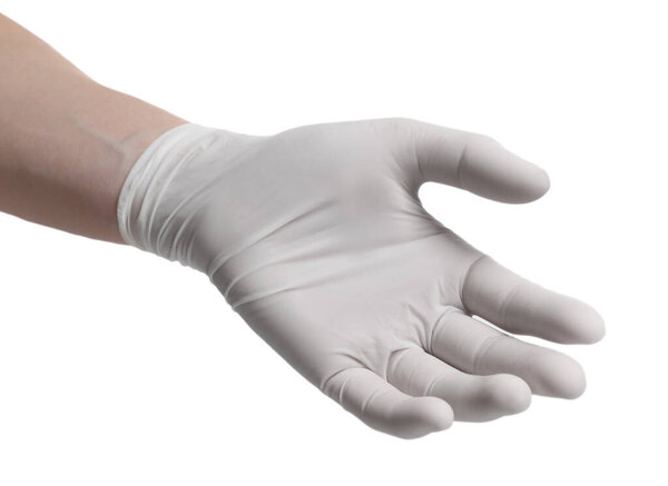 Woman wearing medical glove on white background, closeup
