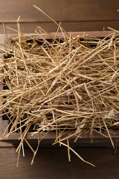Szárított Szalma Ládában Fából Készült Asztalon Felülnézetből — Stock Fotó