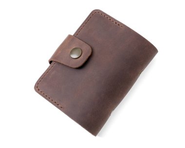 Kahverengi kartvizit sahibi beyaz, üst görünümde izole