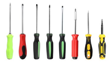 Birçok farklı tornavida beyaz üzerine izole edilmiş, set