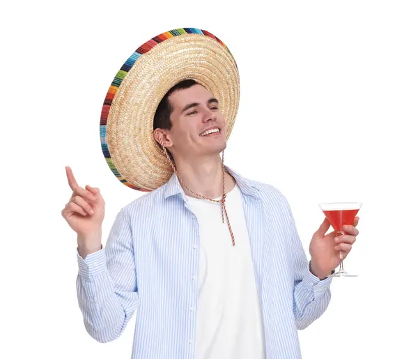 Young Man Mexican Sombrero Hat Cocktail White Background — Stock Photo, Image