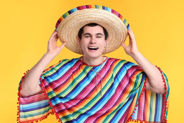 Young Man Mexican Sombrero Hat Poncho Yellow Background — Stock Photo, Image