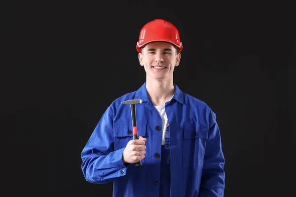 Professional Repairman Holding Hammer Black Background — Stock Photo, Image