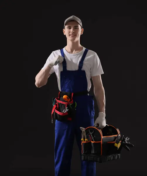 Professional Repairman Tool Box Black Background — Stock Photo, Image