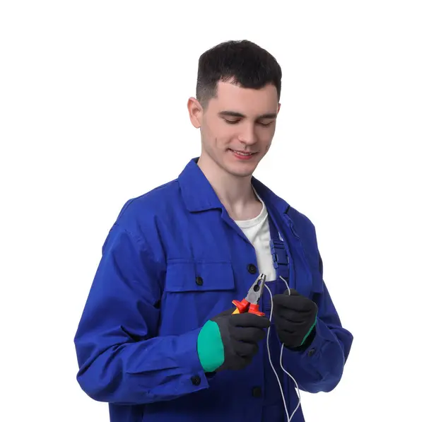 Young Man Holding Pliers White Background — Stock Photo, Image