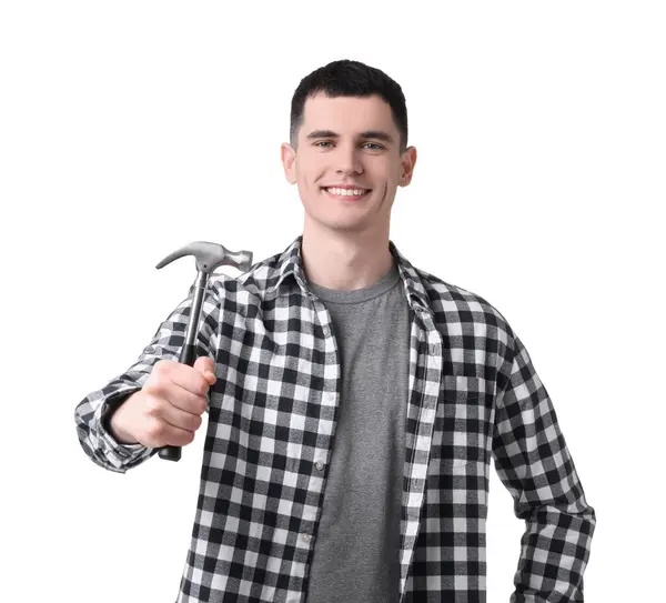 Young Man Holding Hammer White Background — Stock Photo, Image