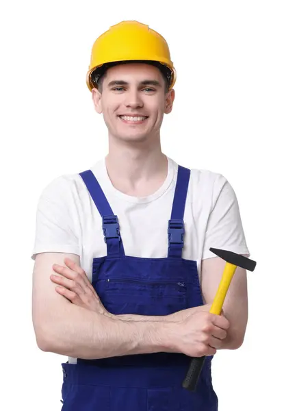 Professional Repairman Holding Hammer White Background — Stock Photo, Image