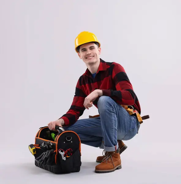 Professional Repairman Tool Box Light Grey Background Space Text — Stock Photo, Image