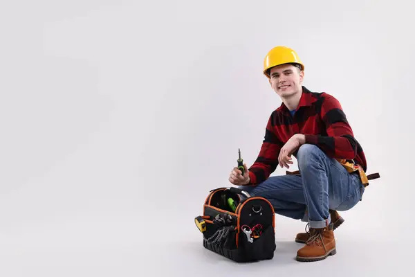 Professional Repairman Tool Box Light Grey Background Space Text — Stock Photo, Image