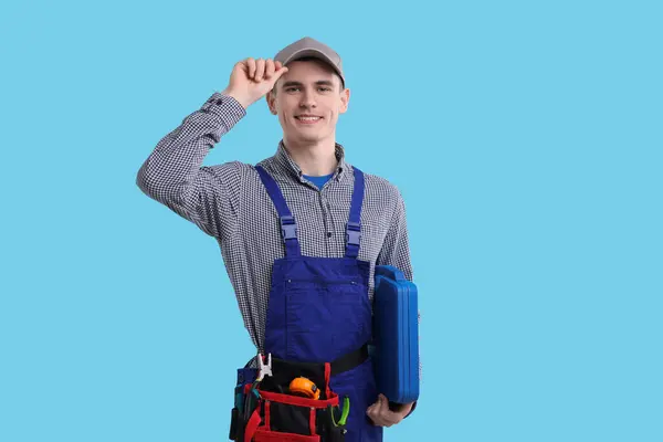 Professional Repairman Tool Box Light Blue Background — Stock Photo, Image