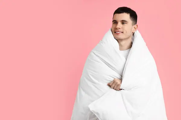 Happy Man Wrapped Blanket Pink Background Space Text — Stock Photo, Image