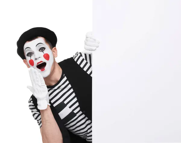 Funny Mime Artist Peeking Out Blank Poster White Background — Stock Photo, Image