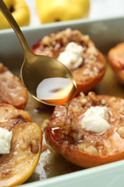 Lezzetli bıldırcınlara bal dökerek, fındık ve krem peyniri tabakta, yakından.