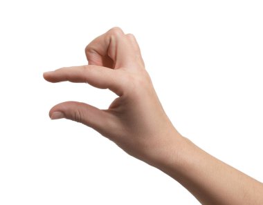 Bir şey beyaz arka planda, closeup elinde tutan kadın