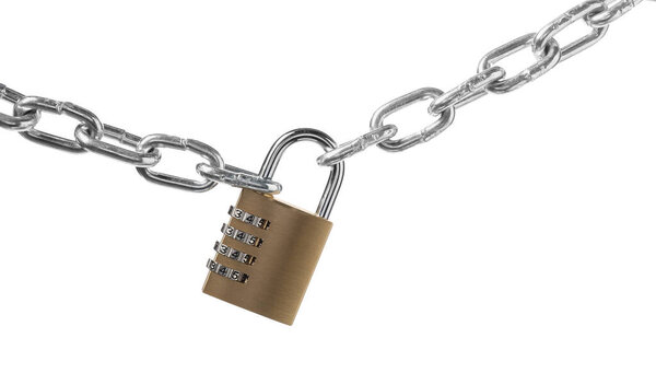 Steel combination padlock and chain isolated on white