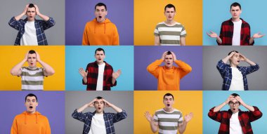 Farklı renklerdeki şaşırmış bir adamın fotoğraflarıyla kolaj.