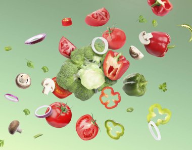 Yeşil arka planda farklı taze sebzeler.