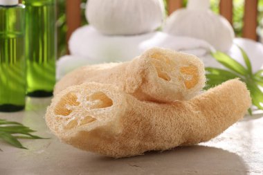 Gri desenli masada doğal lif süngeri.